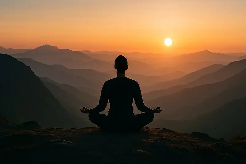 A practitioner seated in meditation as the sun sets over the Kumaon hills at Dol Ashram